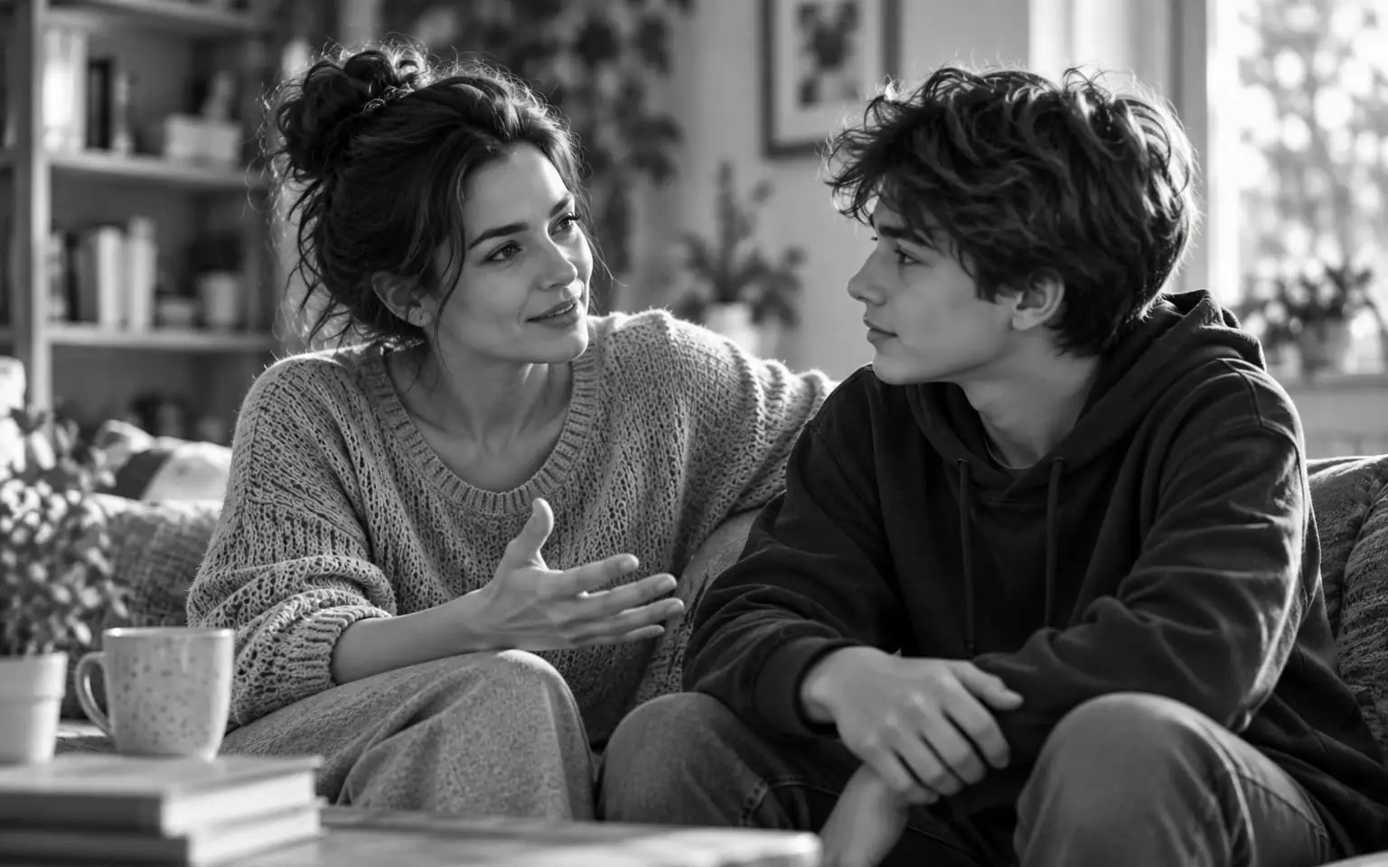 A mother gestures warmly as she talks with her teenage son, who listens attentively in a hoodie beside her on a sofa in a bright living room, in black and white.