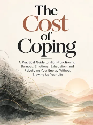 Cover of The Cost of Coping by Clear Mind Academy, with a tangled dark scribble on the left slowly unwinding into a thin gold line that traces a winding river through soft watercolour hills toward a rising sun.