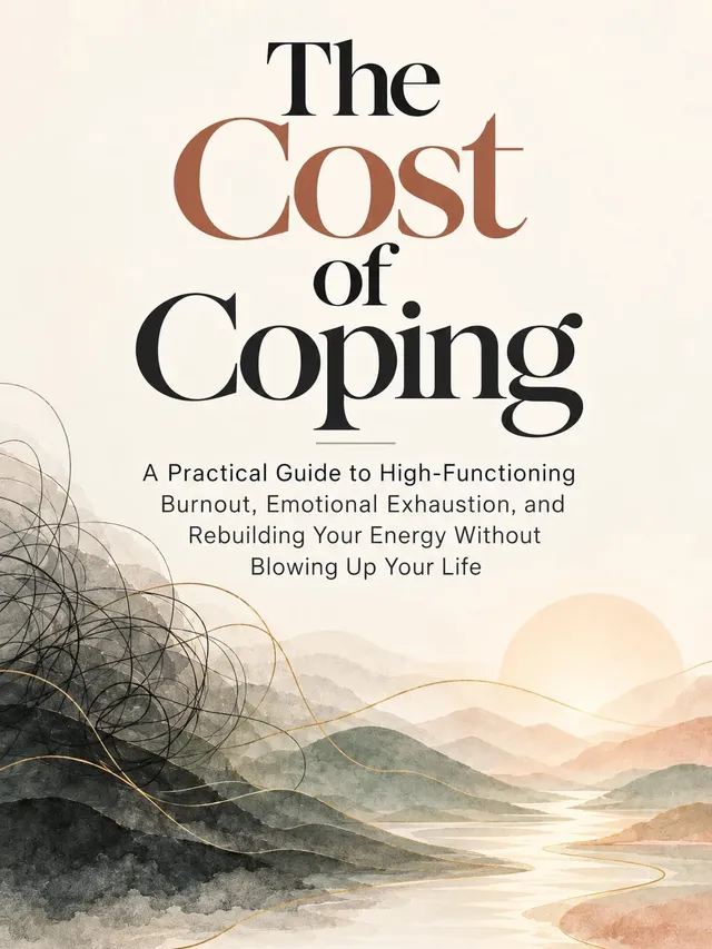 Cover of The Cost of Coping by Clear Mind Academy, with a tangled dark scribble on the left slowly unwinding into a thin gold line that traces a winding river through soft watercolour hills toward a rising sun.