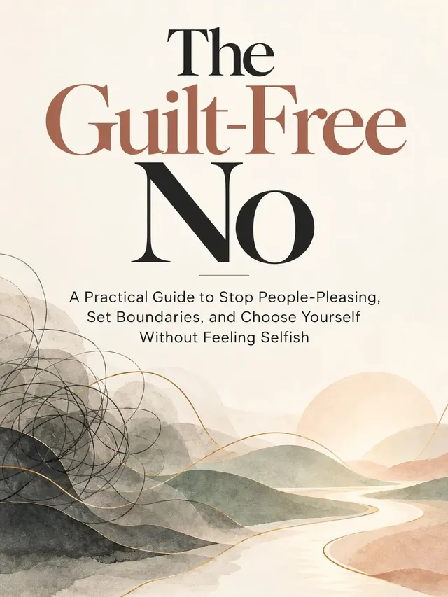 Cover of The Guilt-Free No by Clear Mind Academy, with a tangled dark scribble on the left slowly unwinding into a thin gold line that traces a winding river through soft watercolour hills toward a rising sun.